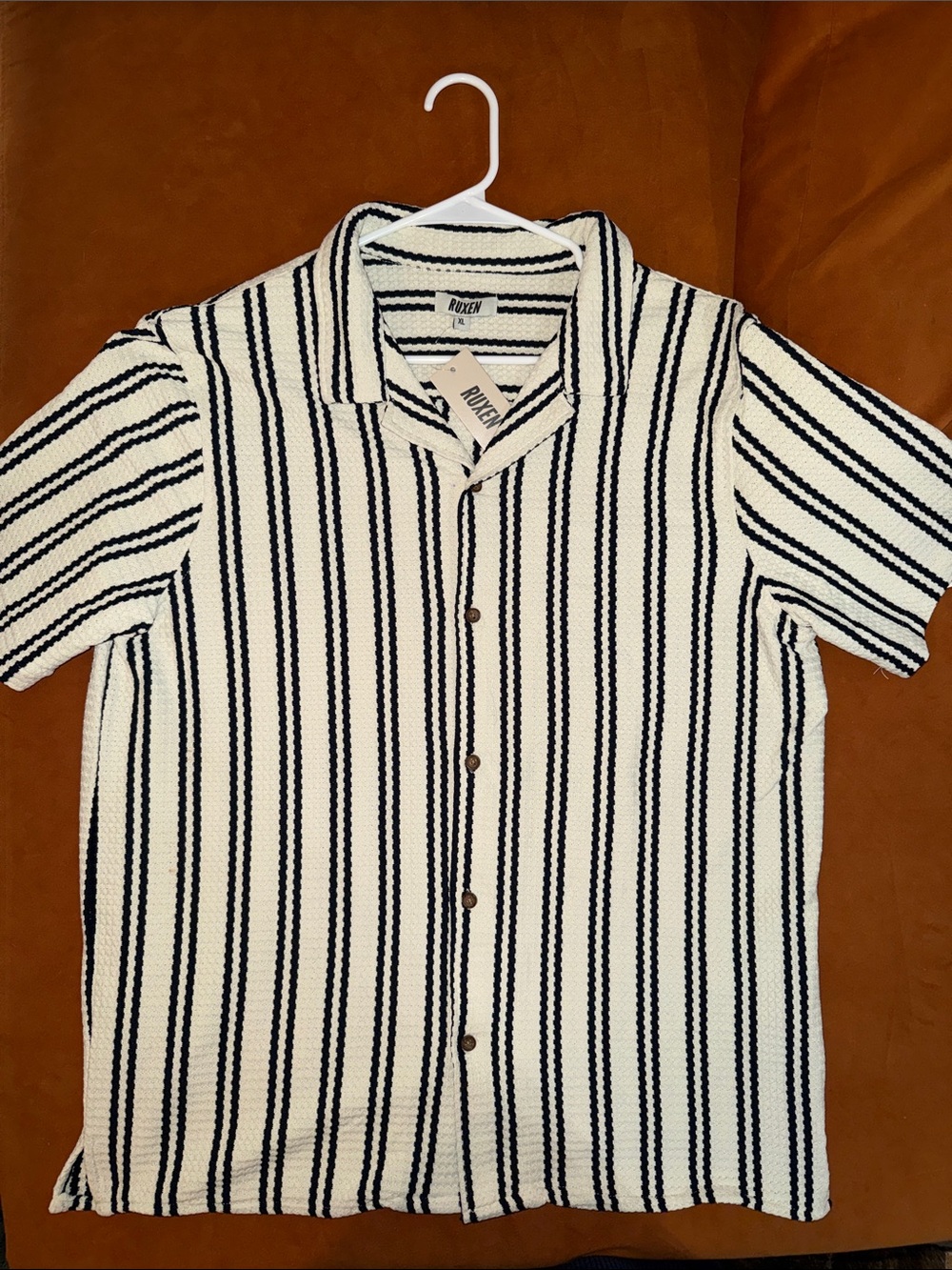 Navy & White Vertical-Stripe Short Sleeve Button-Down Shirt